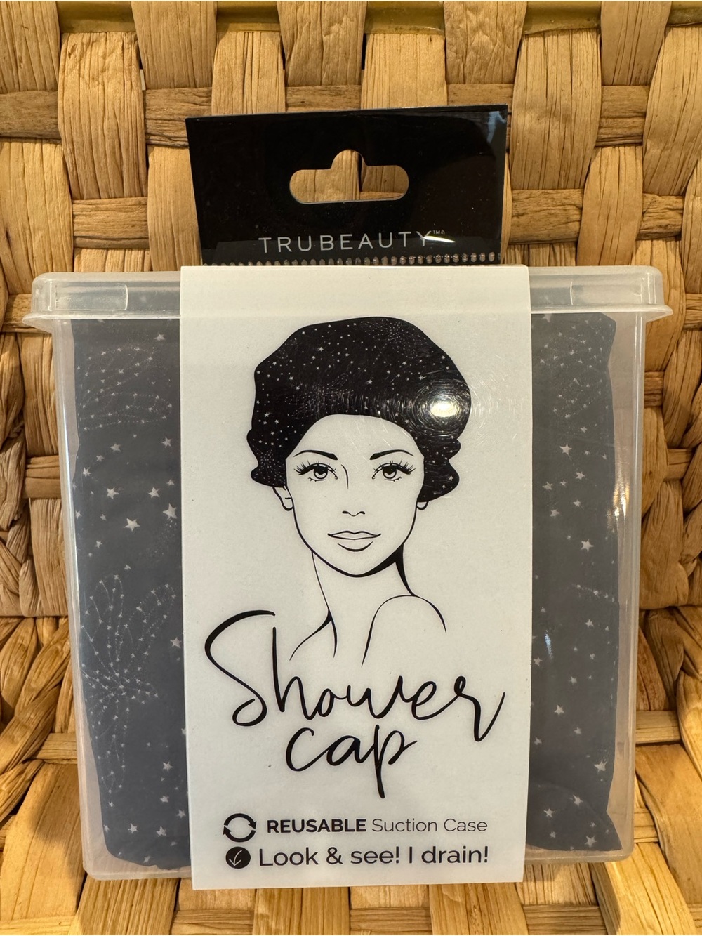 TruBeauty Shower Cap reusable Suction Case that drains black with white stars